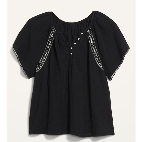 Old Navy Flutter Sleeve Cotton Blouse Black Embroidered Flowy Size L Large - Picture 1 of 8